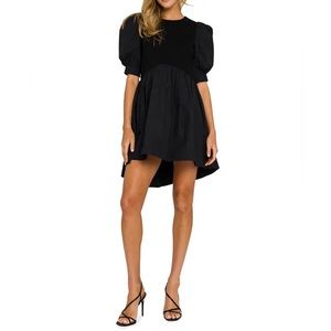 English Factory High-Low Knit Combo Mini Dress Black Puff Sleeve Size XS…